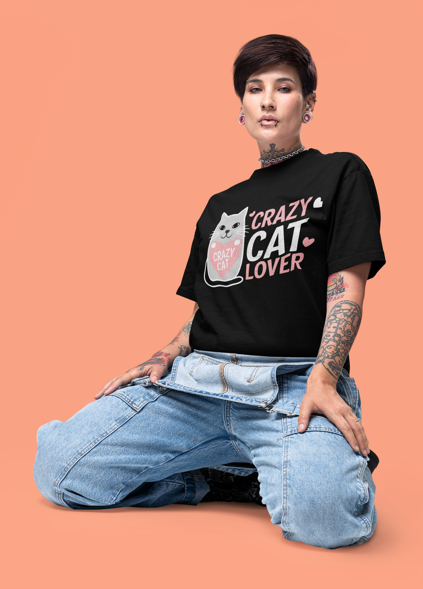 JC's 100% Cotton Crazy Cat Lover Oversized T-Shirt for Him and Her