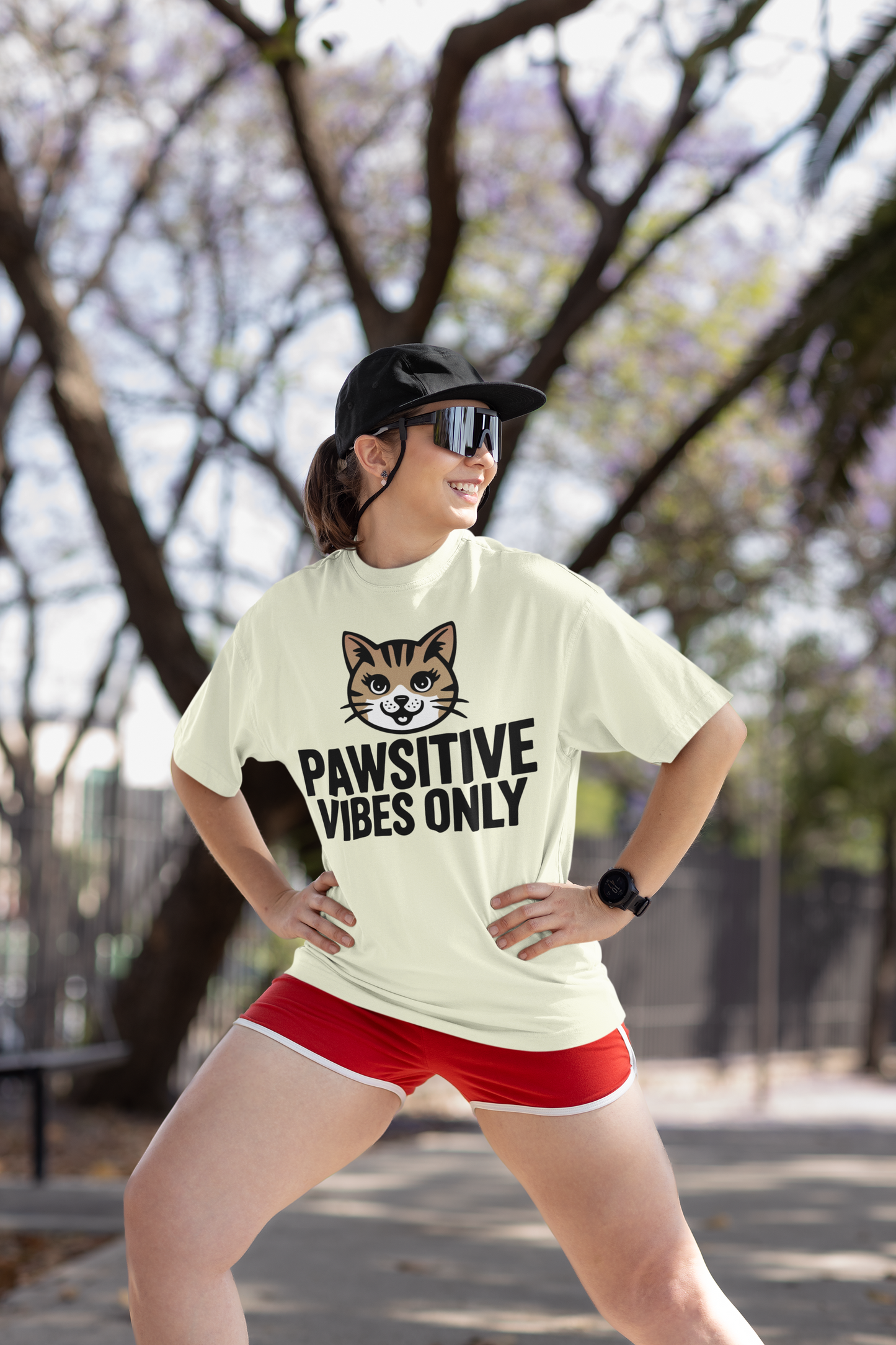 JC's 100% Cotton Pawsitive vibes only Cat oversized T Shirt for Him and Her