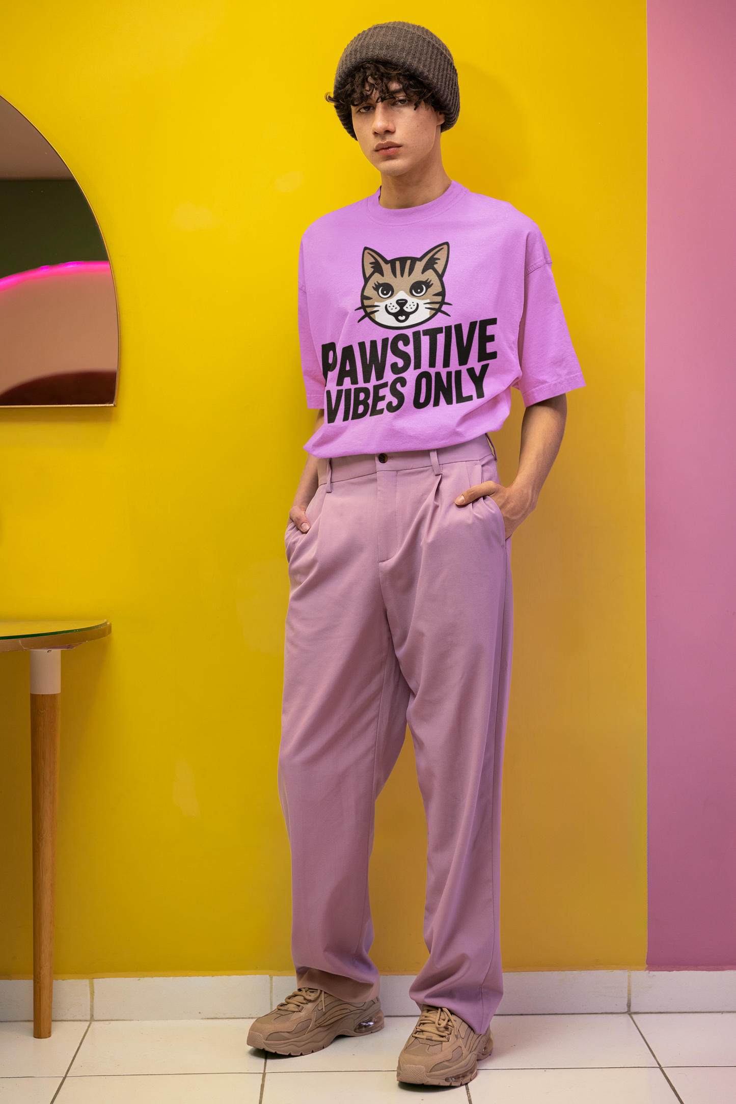 JC's 100% Cotton Pawsitive vibes only Cat oversized T Shirt for Him and Her