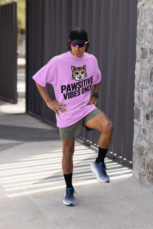 JC's 100% Cotton Pawsitive vibes only Cat oversized T Shirt for Him and Her