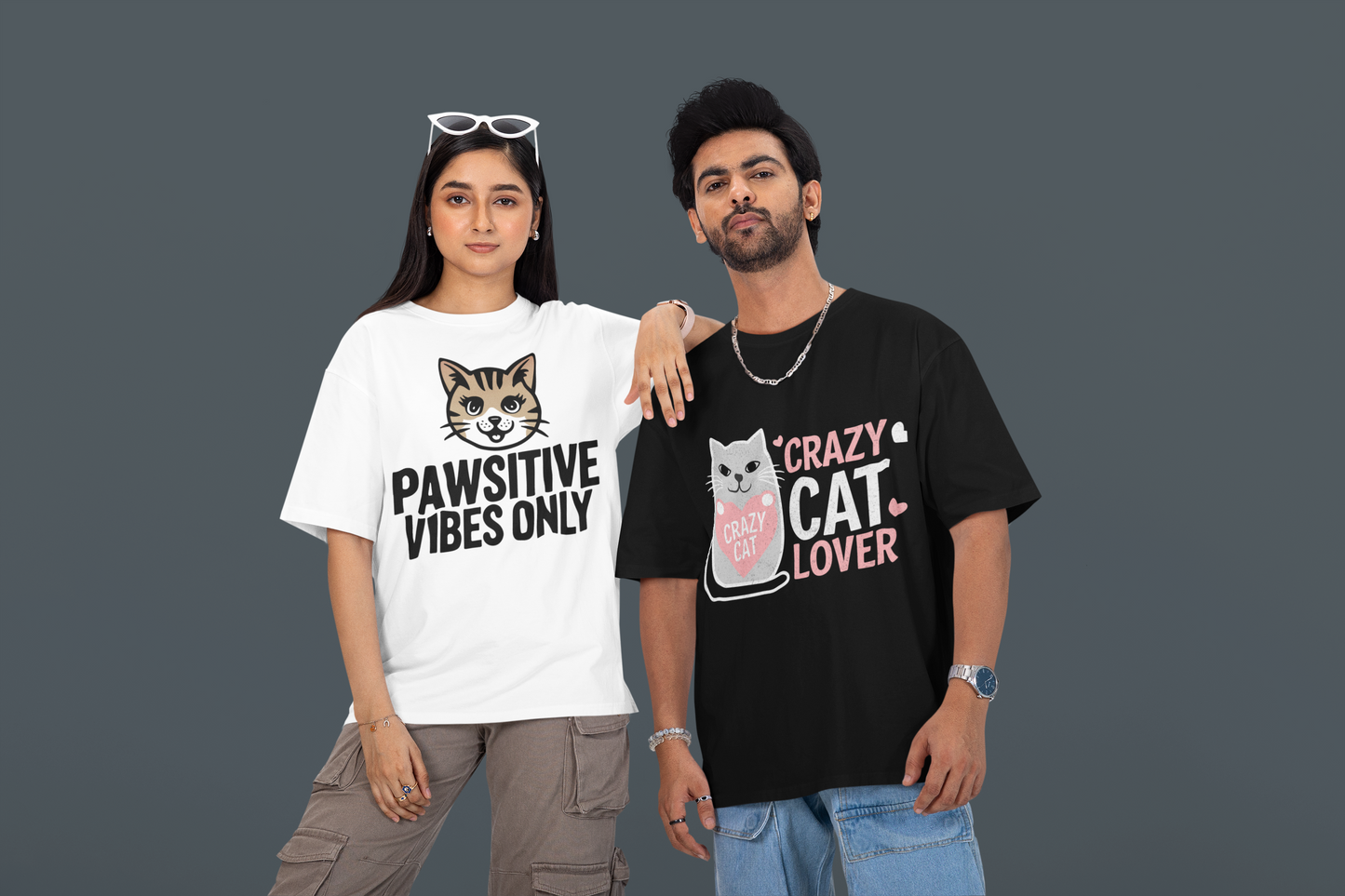 JC's 100% Cotton Crazy Cat Lover Oversized T-Shirt for Him and Her