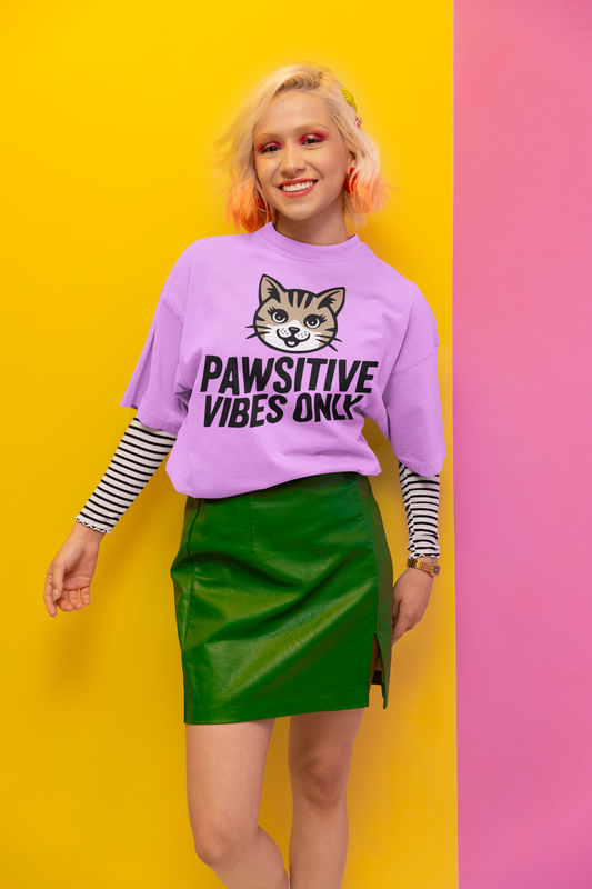 JC's 100% Cotton Pawsitive vibes only Cat oversized T Shirt for Him and Her